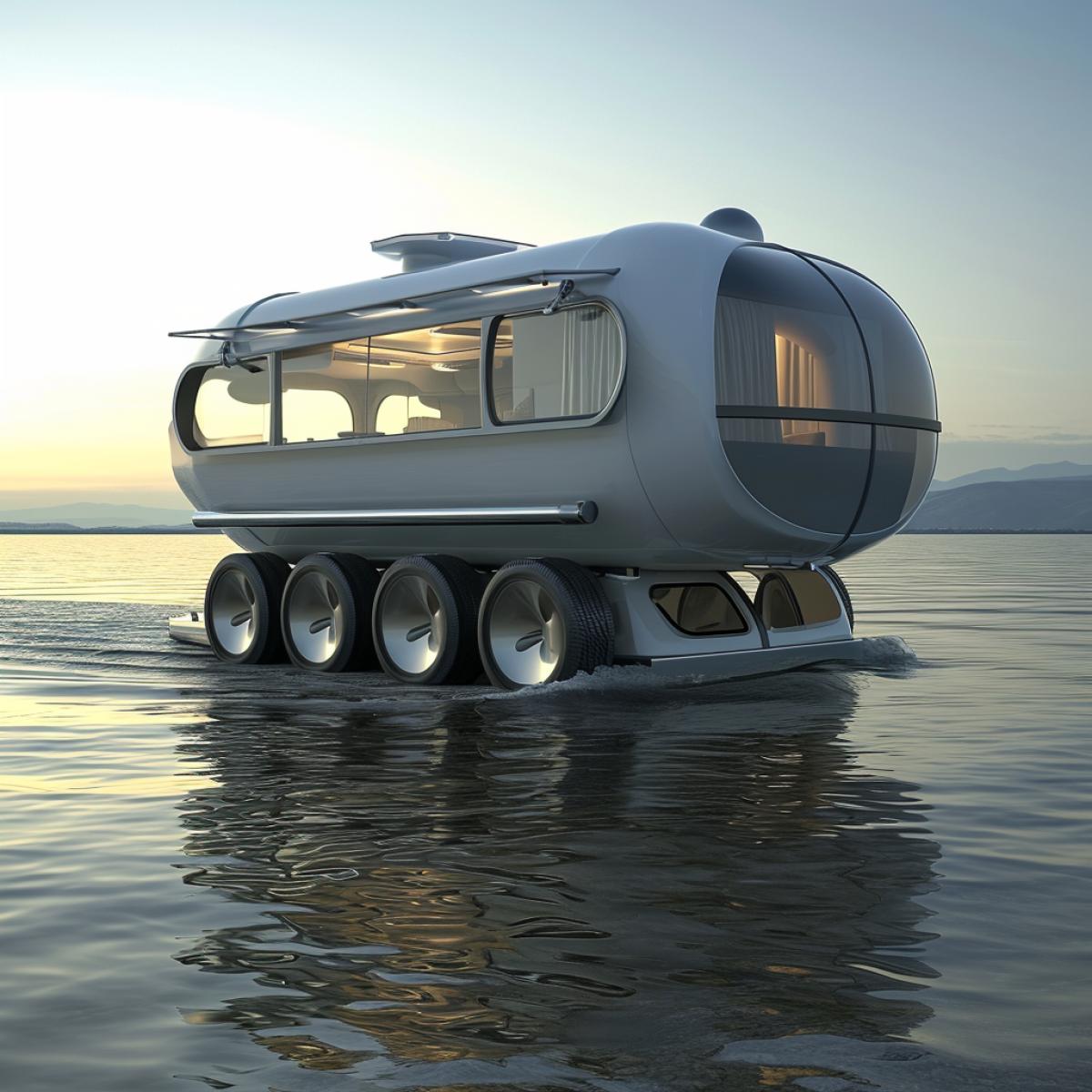 Modern design of an amphi-camper, house boat, retractable tires, movement on land will be by a towing van, 45ft, 18 ft wide and the height 10ft on sea.