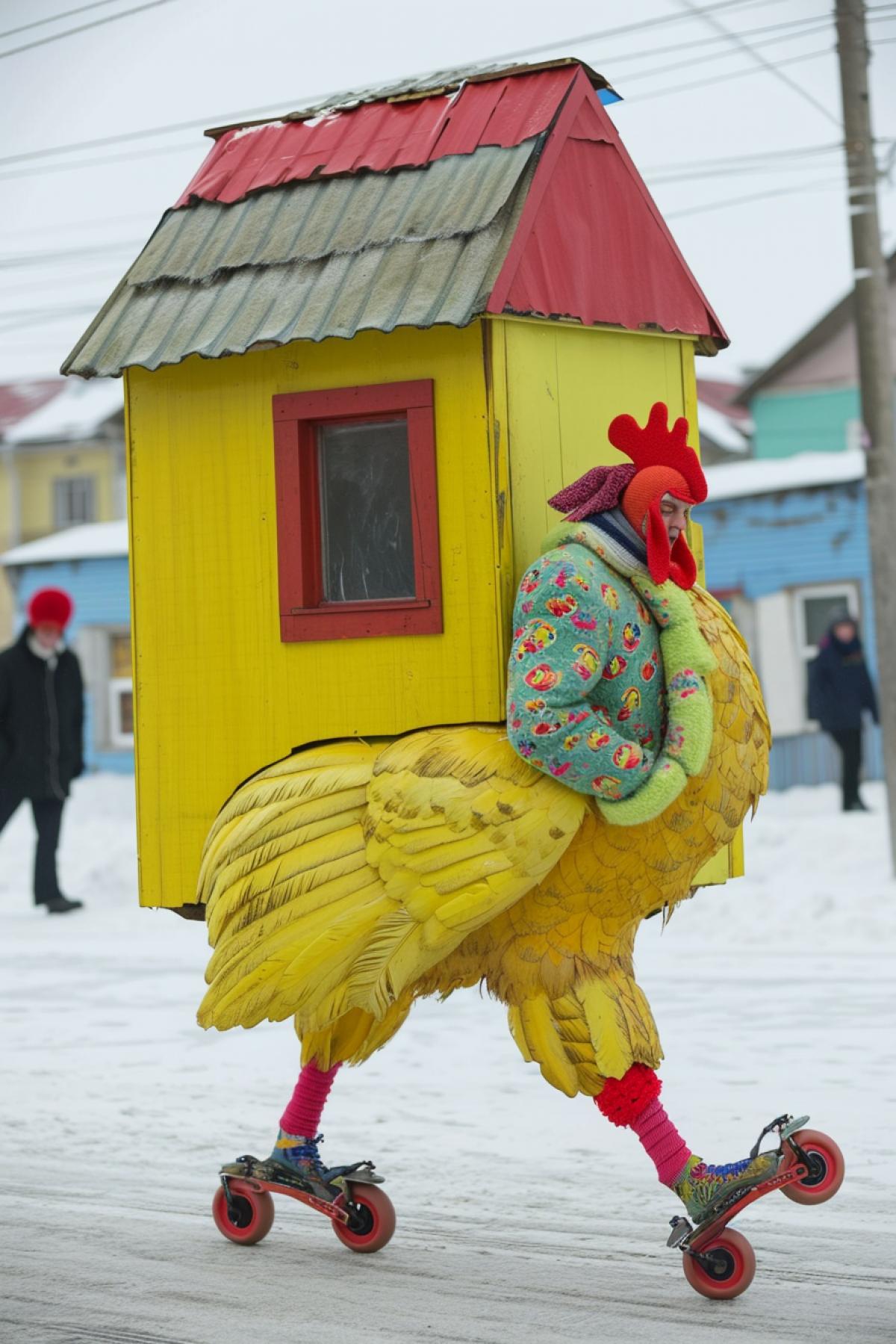 Hut on chicken legs rides on roller skates