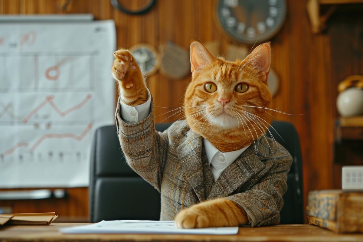 A red cat in a three-piece suit explains an action plan on a graph, office space, a lot of chairs