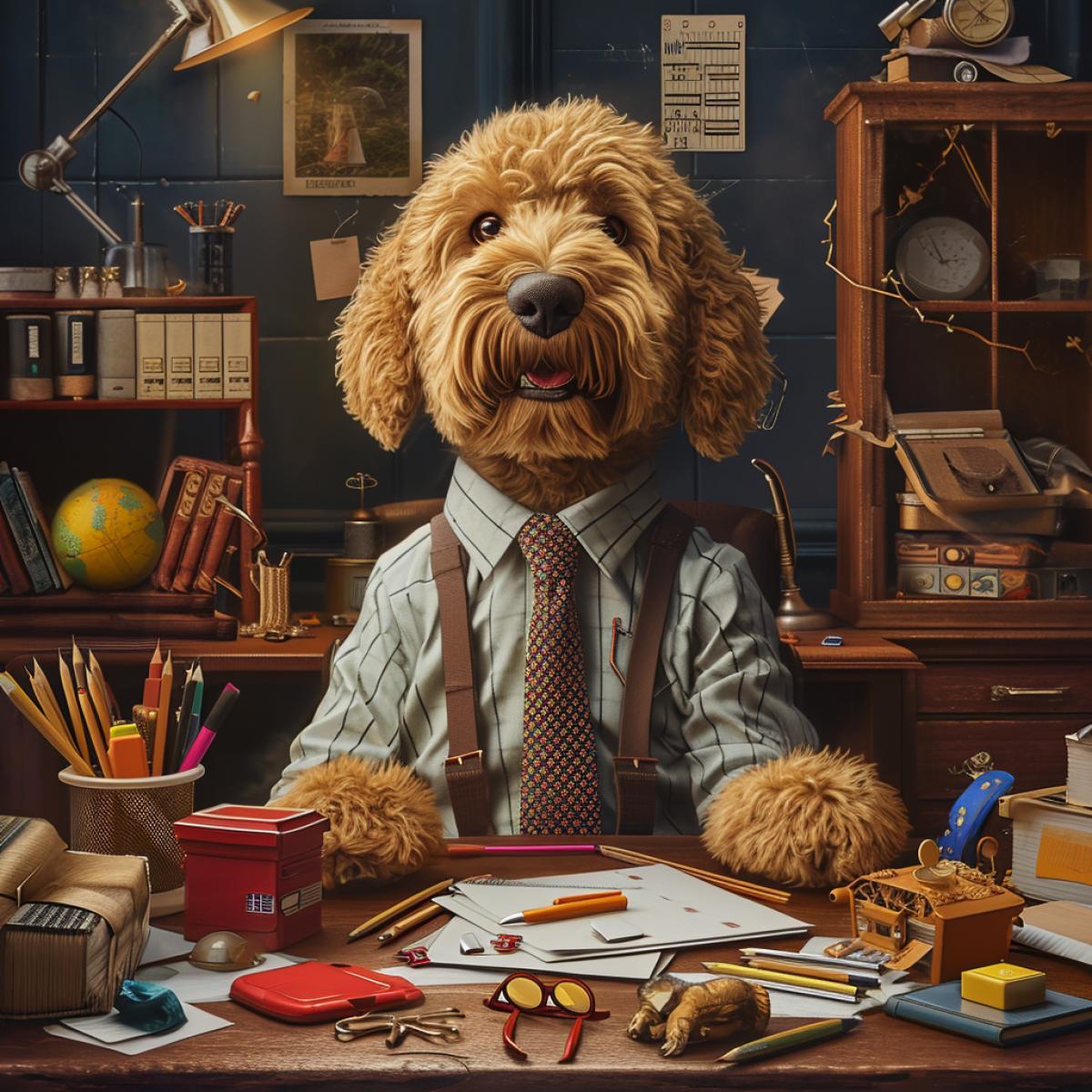 Generate an image of a dog in typical office attire, with a shirt, tie, and a desk full of miniature office supplies.