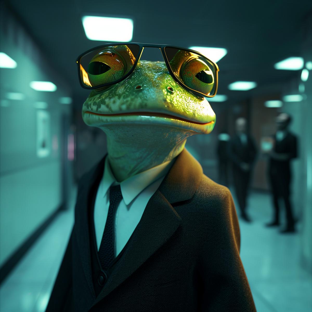 Cute frog in suit and sun glasses in in rich colour in police station chases by security in cinematic environment