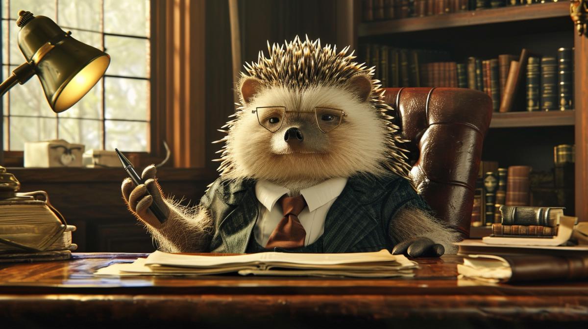 A very plump hedgehog lawyer sits in his office at the table
