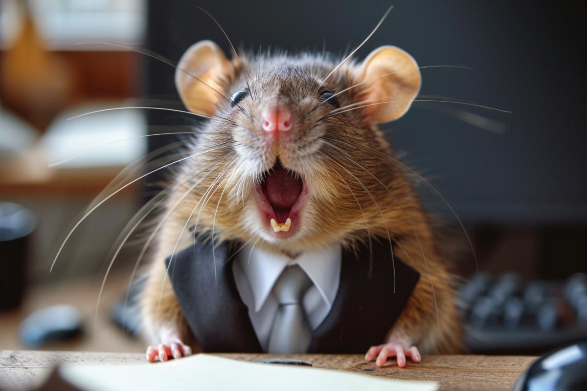 An office anthropomorphic rat in a business suit in the office screams terribly at the office employees, swears.