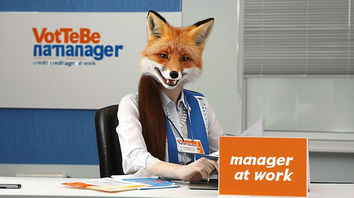 A sly smiling fox issues loans in a bank office, the name of the bank is “VotTeBe”, the bank’s colors are blue and white. high quality, maximum details, example in the photo Found in Yandex Images for the query “credit manager at work” https://kredit-on.ru/wp-content/uploads/a/e/6/ae6598a3acca314fc5ef2a18cccaa9cf.jpeg