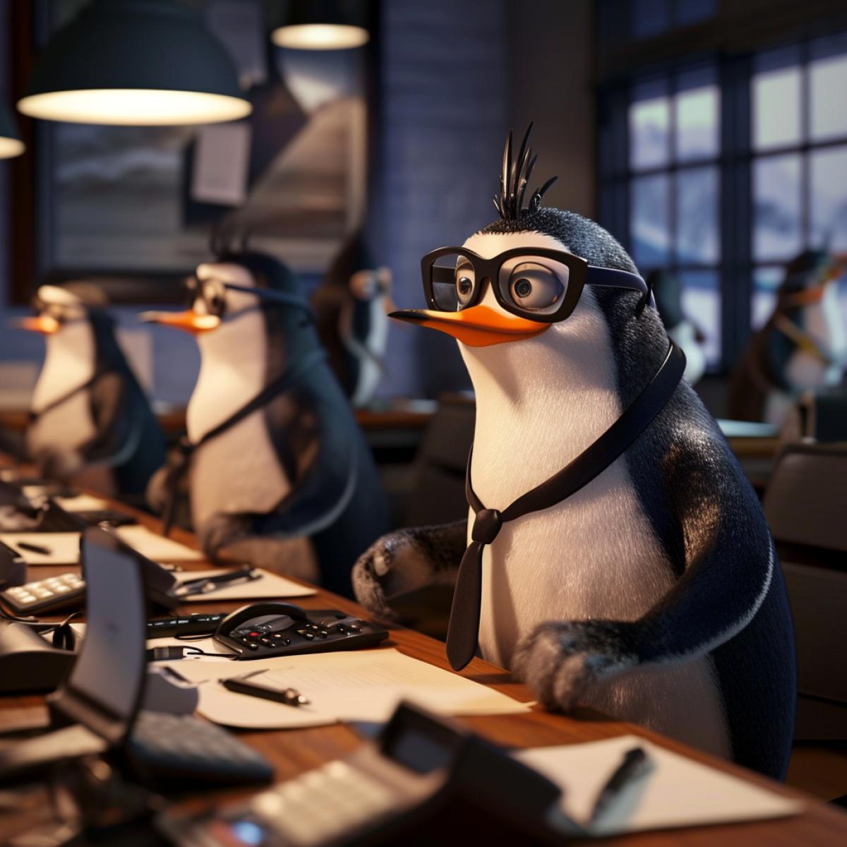 A photo of a group of penguins who work as accountants, with suits, ties, and glasses. They are sitting at their desks, using calculators, computers, and phones. The view is from the front, showing the detail and humor of the scene. The lighting is bright and professional, with lamps and windows. In the style of March of the Penguins and The Office