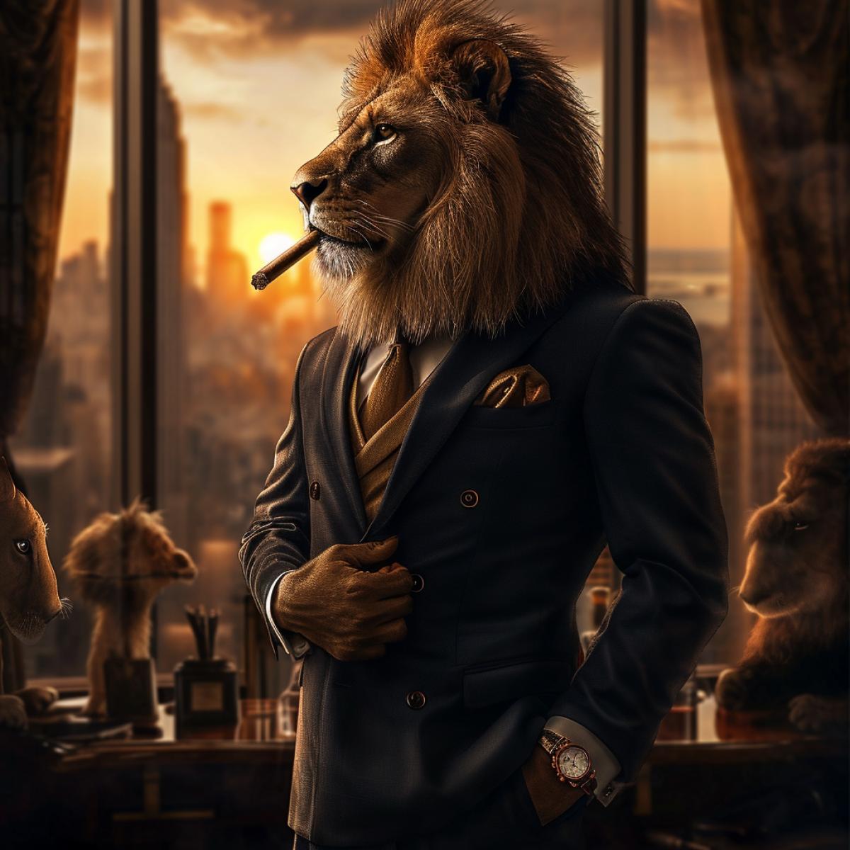 A photo of a lion who works as a CEO, with a suit, a watch, and a cigar. He is standing in his office, overlooking the city skyline. He is holding a meeting with his employees, who are various animals in business attire. The view is from the side, showing the expression and posture of the lion. The lighting is warm and powerful, with sunbeams and spotlights. In the style of The Lion King and Wall Street.