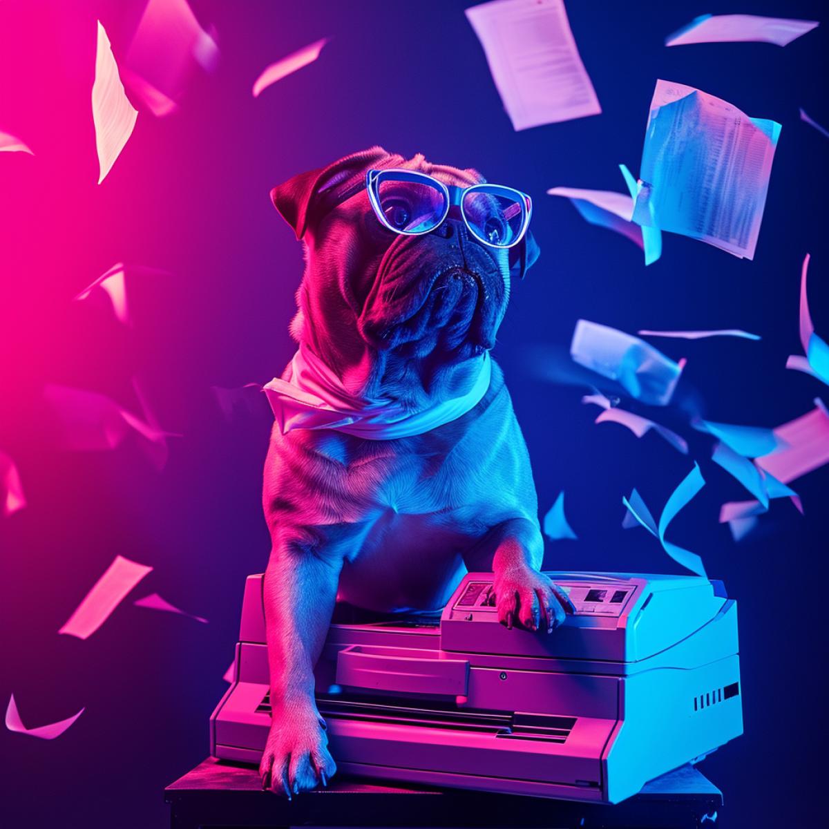 big neon dog wearing glasses and professional attire next to a broken photo copy machine with papers flying out
