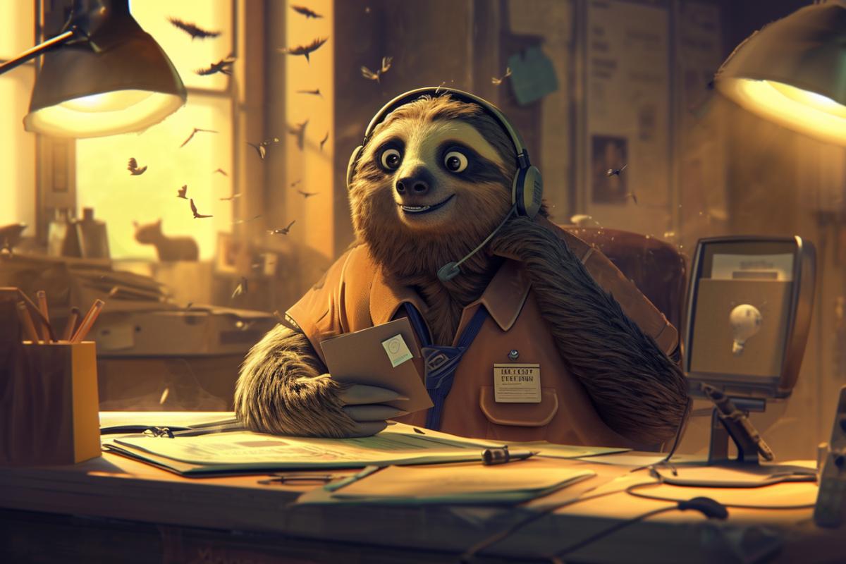Environmental portrait of a sloth who works as a receptionist, with a headset, a clipboard, and a name tag. He is sitting at his desk, answering calls, and greeting visitors. The view is from the front, showing the detail and humor of the scene. The lighting is bright and professional, with lamps and windows. In the style of Zootopia and The Office. With many office irems flying in the background, wide shot, in the style of moody neo-noir, photobashing, rob liefeld, fanciful surrealism with a touch of humor, dark & explosive, surrealism-inspired, full-body in motion, 16mm film, wide angle