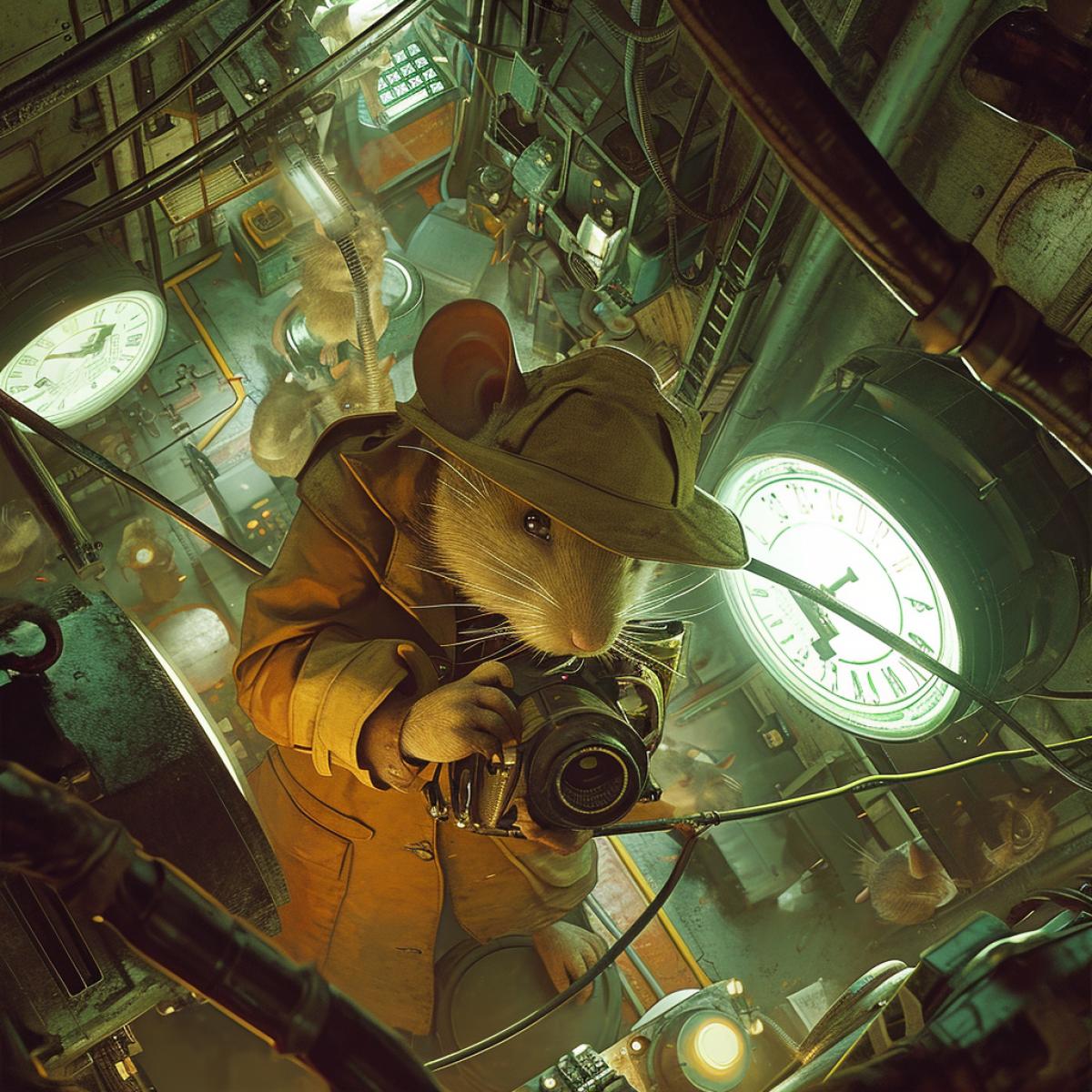 Environmental portrait of a mouse in boats who works as a spy in futuristic neon office, with a trench coat, a hat, and a camera. He taking photos of a secret meeting between his rivals, who are cats in suits. The view is from above, showing the layout and the texture of the scene. The lighting is dark and mysterious, with shadows and flashes. In the style of Pinky and the Brain and Mission: Impossible. With many spy items flying in the background, wide shot, in the style of moody neo-noir, photobashing, rob liefeld, fanciful surrealism with a touch of humor, dark & explosive, surrealism-inspired, full-body in motion, 16mm film, wide angle.