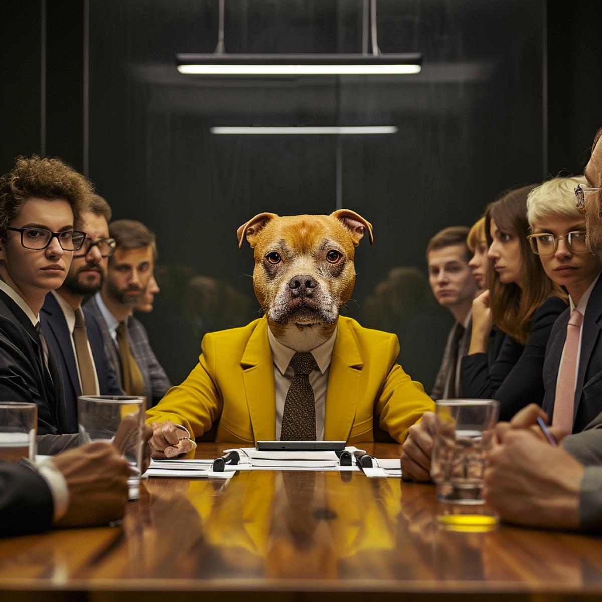 in an office where a neon dog in professional clothes at school at a meeting at a conference room table stands in the center, trying to guide 25 employees, both men and women. Each employee looks in different directions, which leads to a chaotic but comical picture. The bosss expression is a mixture of annoyance and determination. Super realism , professional photo on camera , poster