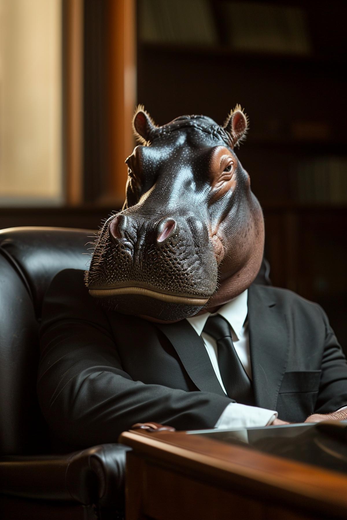 Hippopotamus as a man in a suit, director, office