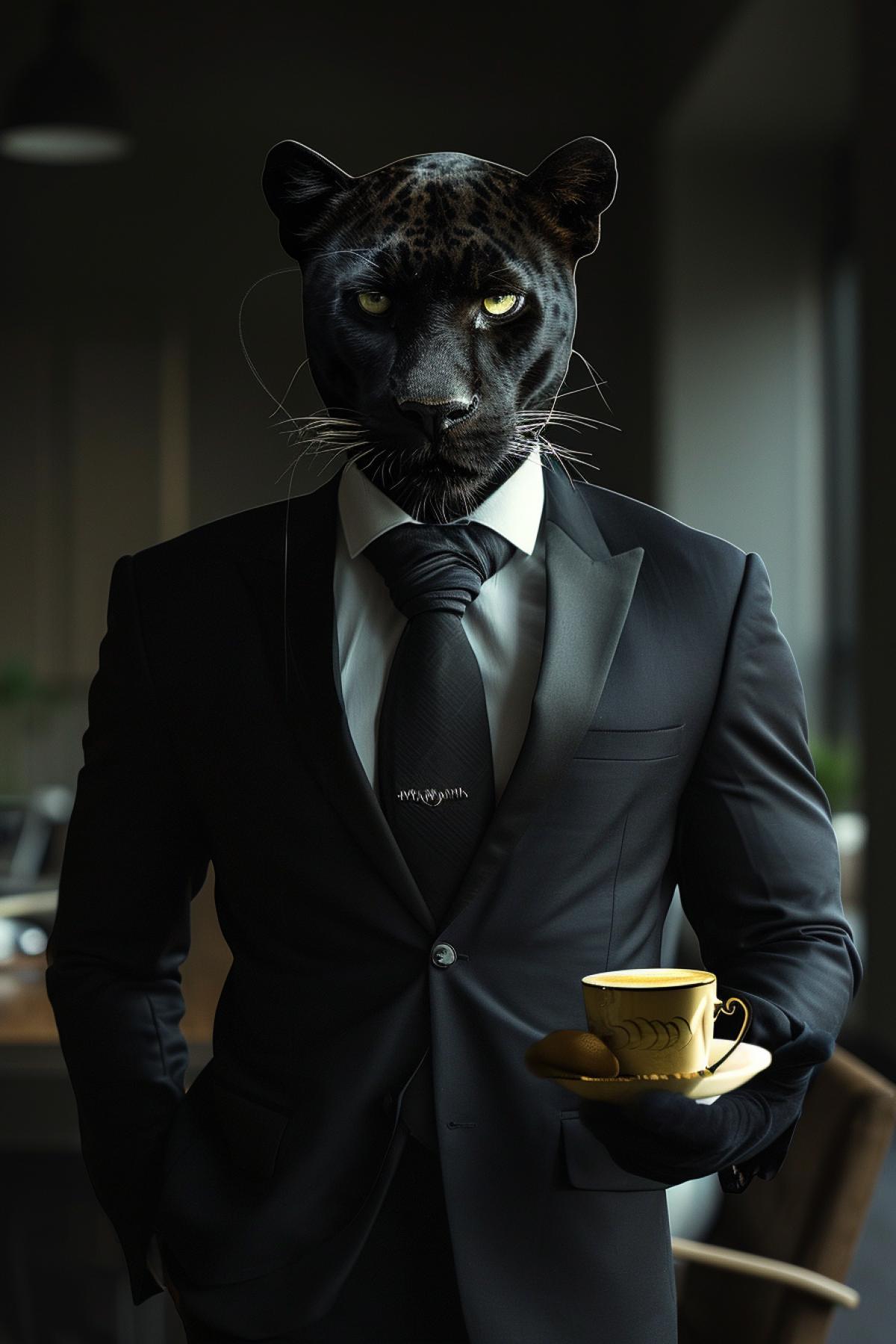 luxury panther in the form of a man carries coffee in the office