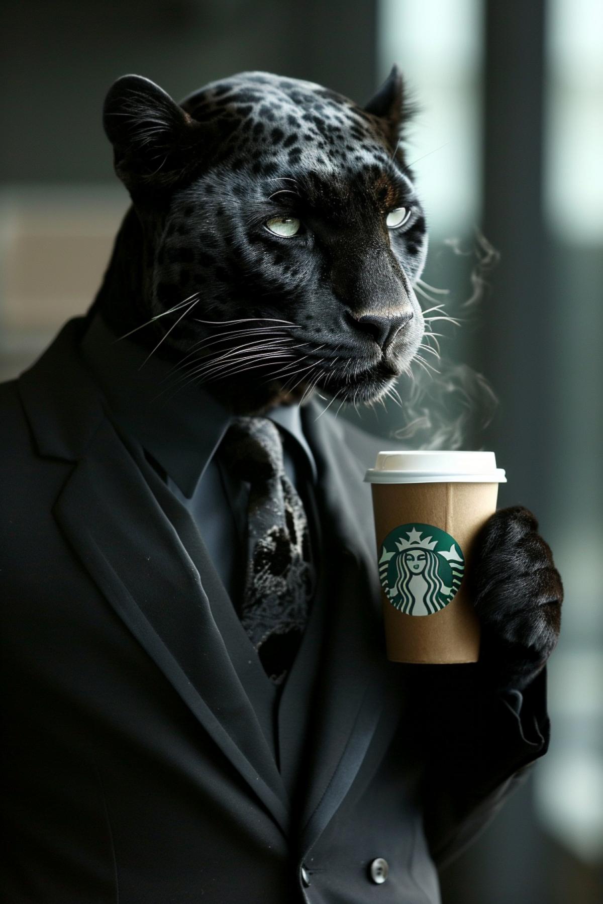 a luxury panther in the form of a man carries coffee in the office, the glass says !Starbucks!