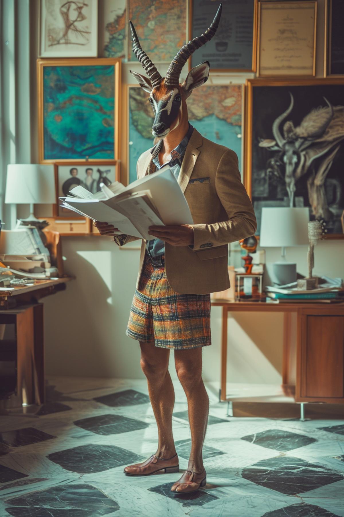 luxury antelope in the form of a man in a short skirt carries documents in the office