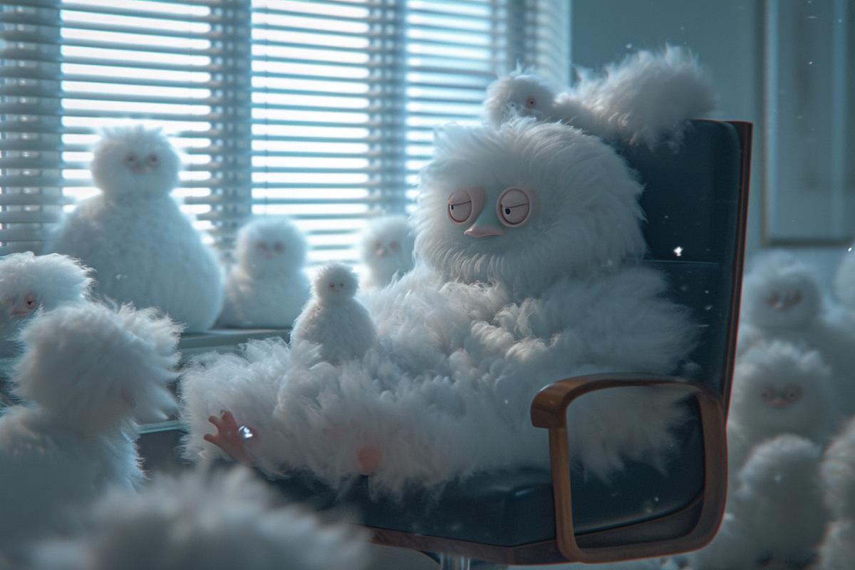 a cute fluffy unknown creature in the form of a human sits relaxed in an office chair, with the same fluffy creatures scurrying around, ultra-detailed, photorealistic, light scattering, ray tracing through blinds.