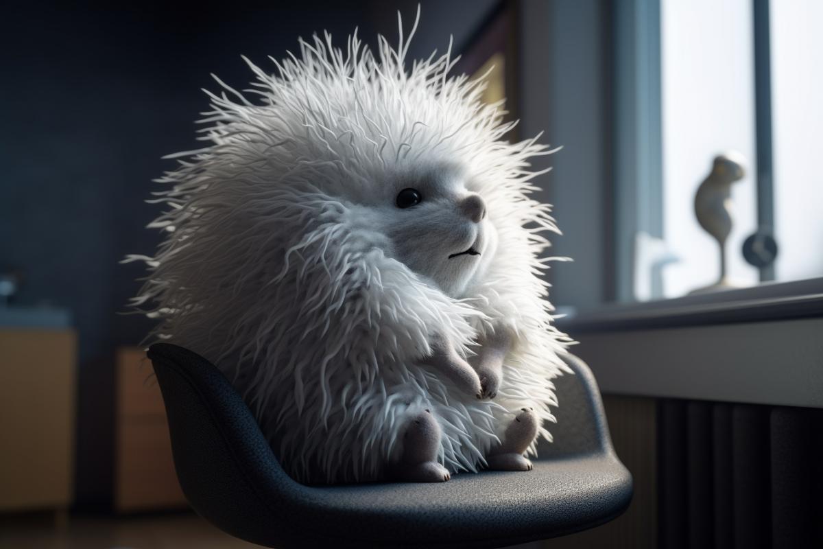 a cute fluffy unknown creature in the form of a human sits relaxed in an office chair, the same fluffy creatures are scurrying around, ultra-detailed, photorealistic, light scattering, ray tracing through vertical blinds
