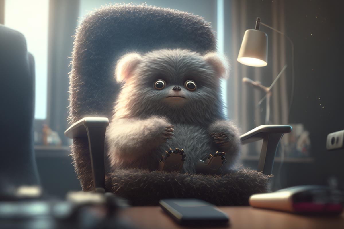 a cute fluffy unknown creature in the form of a human sits relaxed in an office chair, with the same fluffy creatures scurrying around, ultra-detailed, photorealistic, light scattering, ray tracing through blinds.