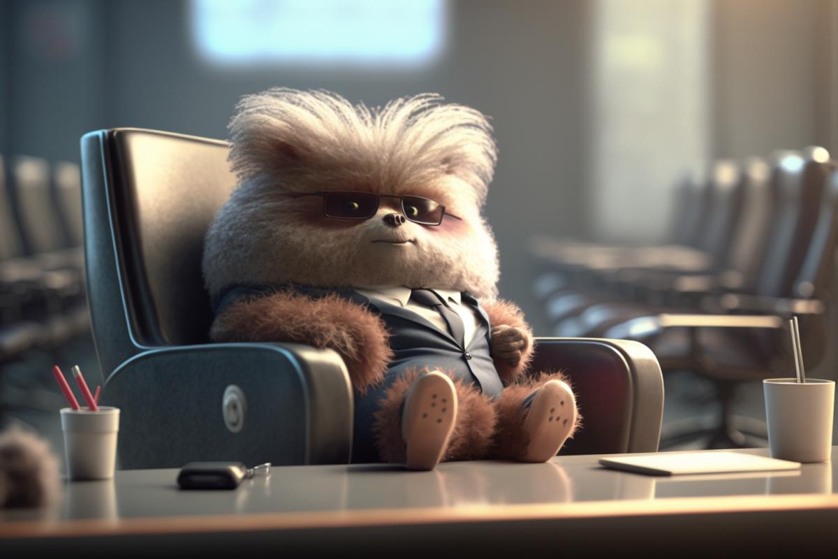 a cute fluffy unknown creature in the form of a man in a business suit sits relaxed in an office chair, with the same fluffy creatures scurrying around, ultra-detailed, photorealistic, light scattering, ray tracing through blinds.