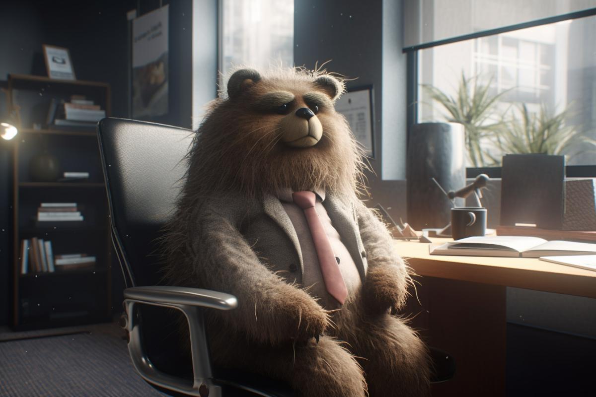 a cute fluffy unknown creature in the form of a man in a business suit sits relaxed in an office chair, with the same fluffy creatures scurrying around, ultra-detailed, photorealistic, light scattering, ray tracing through blinds.