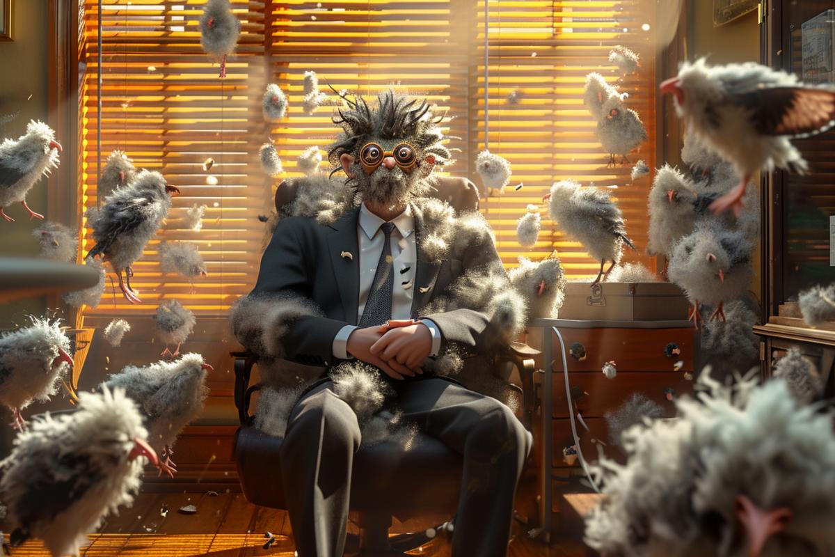 a cute fluffy unknown creature in the form of a man in a business suit sits relaxed in an office chair, with the same fluffy creatures scurrying around, ultra-detailed, photorealistic, light scattering, ray tracing through blinds.