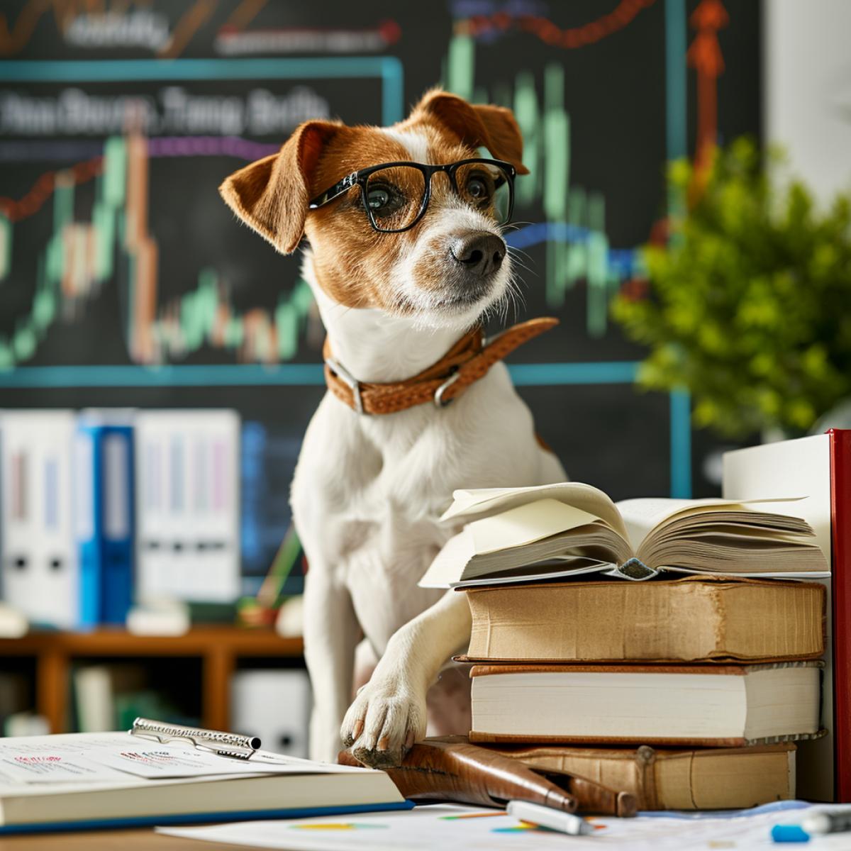 Jack Russell teaching investment in a modern office space A spirited Jack Russell Terrier, perched on a pile of financial books, imparts investment wisdom to an eager audience. With charts, graphs, and dollar signs in the backdrop of a modern office space, this pint-sized financial guru inspires financial literacy and confidence.