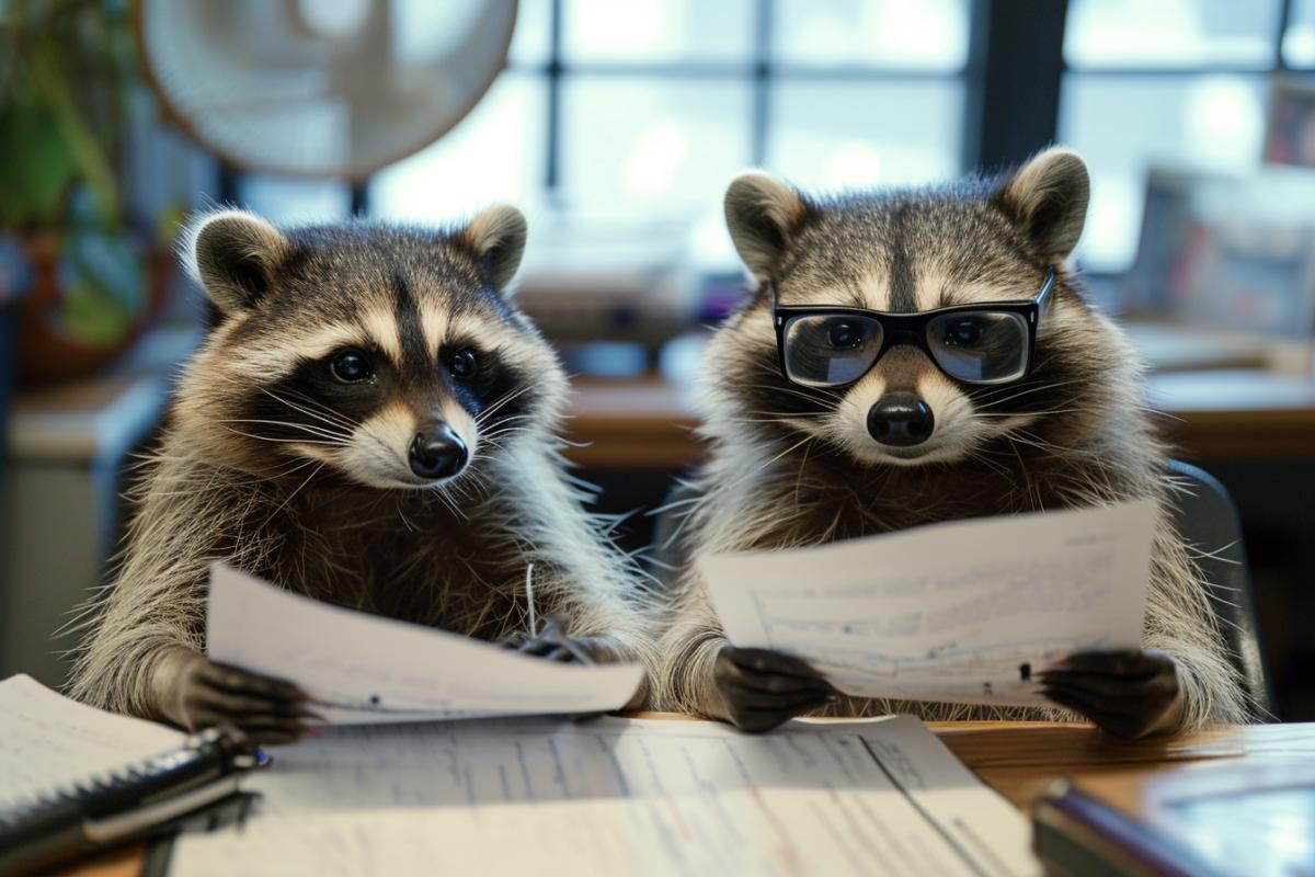 Business Raccoons at work in a conference hall discussing a project