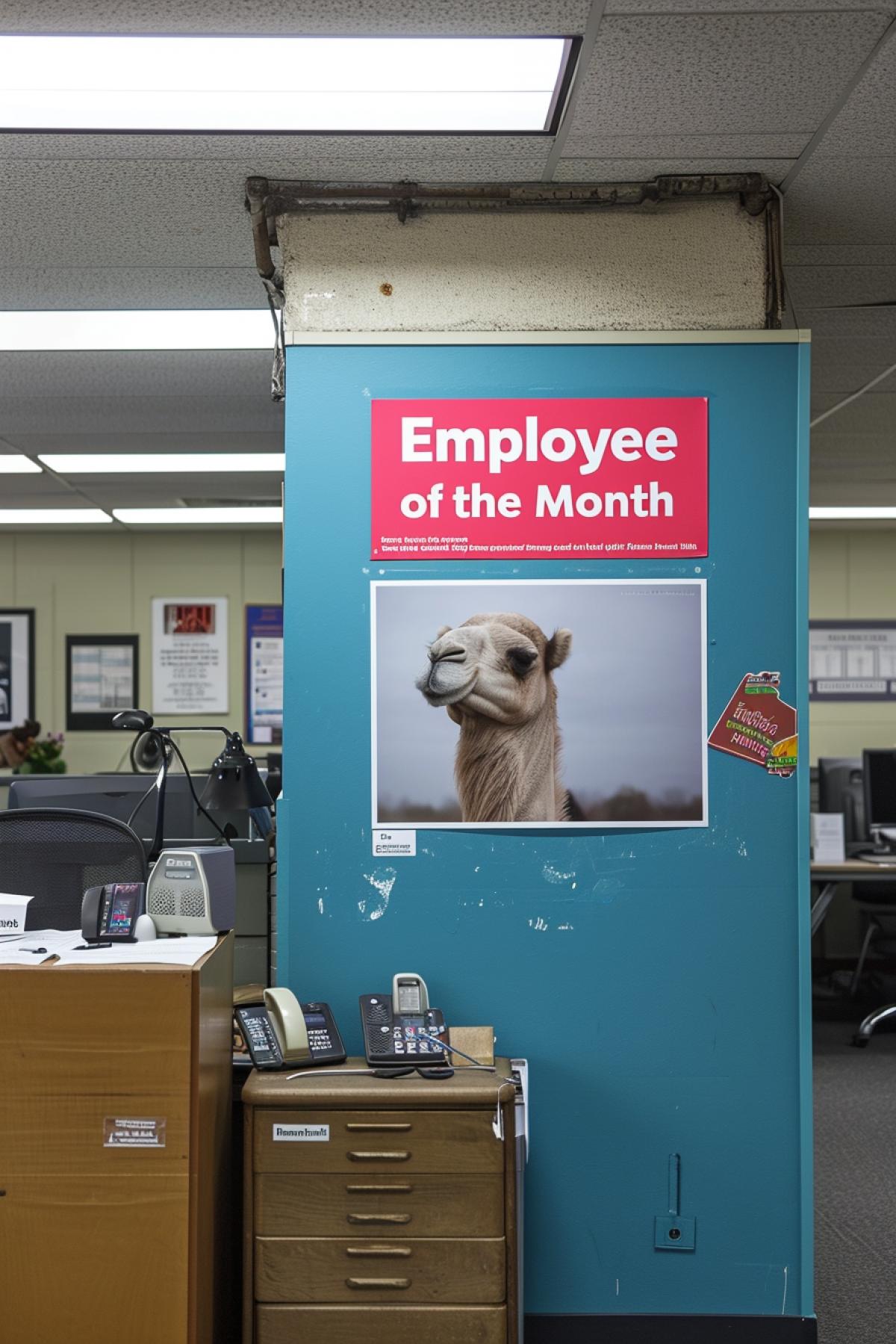 There is an “Employee of the Month” stand with a portrait of a camel hanging in the office.