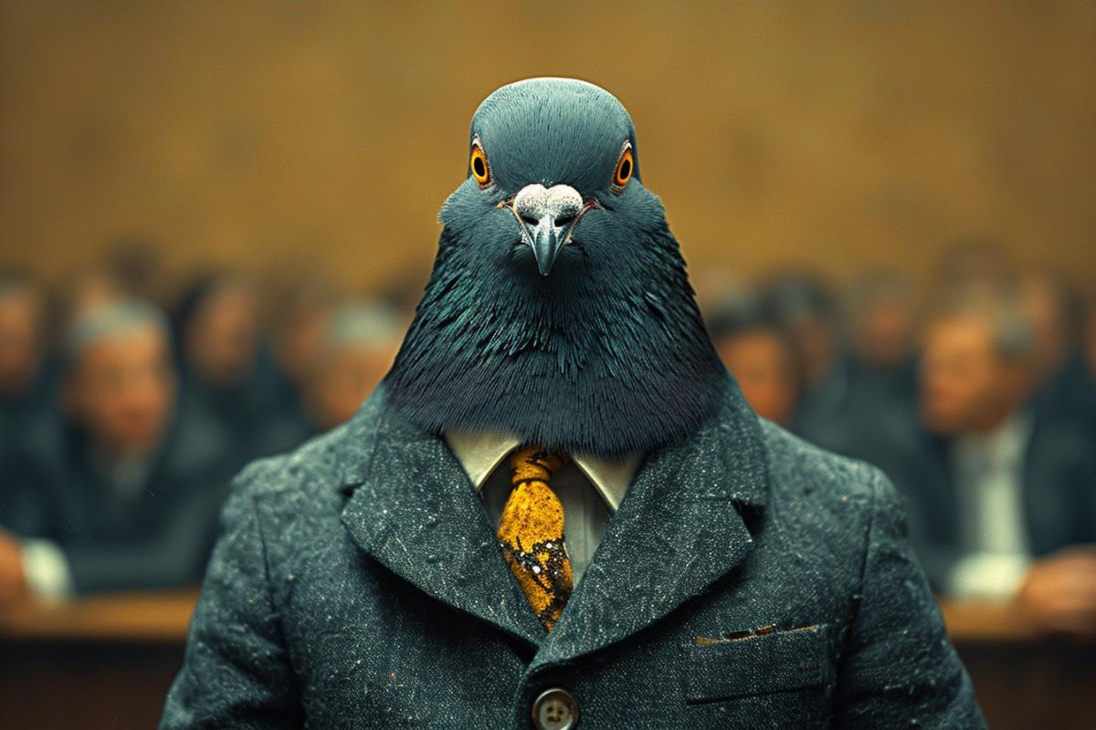 Hyperrealistic photo of a pigeon in a business suit eating seeds at a large table in a meeting room, with people sitting at the table