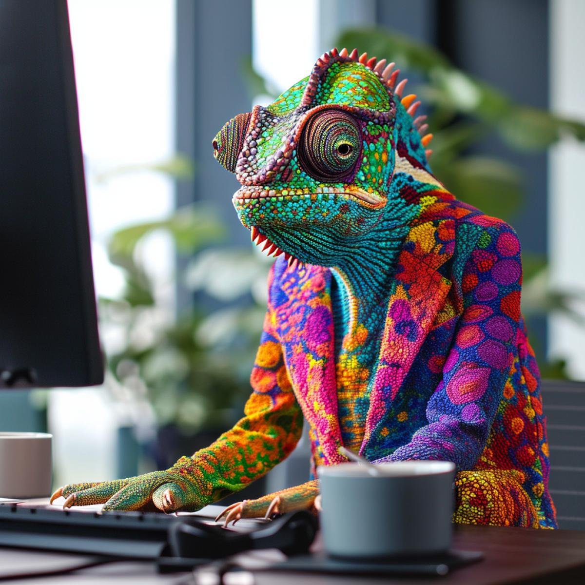 business portrait of a funny chameleon dressed in a colorful, custom-tailored outfit, in the style of neo-plasticism geometry,photobashing. office chameleon, chameleon in the office at the computer, 4K, canon eos r5, 50mm ar 16:9 v 5.1