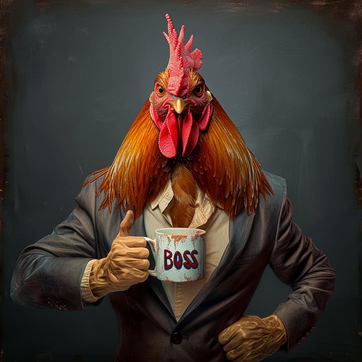 The rooster in the form of a man is dressed in an office suit. In his hands he holds a mug with the word \"BOSS\" written on it.