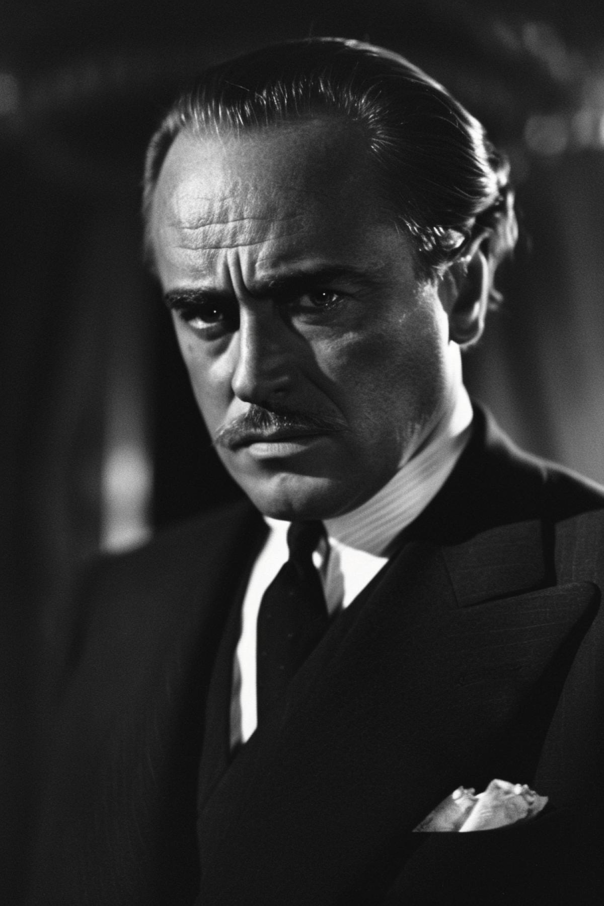Close-up portrait of Marlon Brando as the mafia Godfather half-profile counterlight dark suit dark tie thin-moustache smart look of wisdom making hard decision nothing personal its business