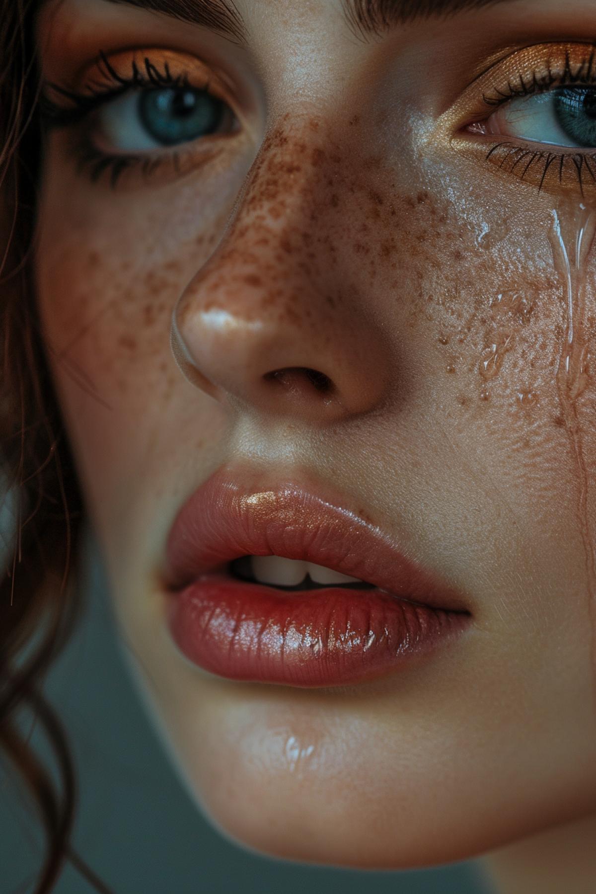 Close-up portrait of weeping 23-year-old beauty sad eyes tears spoiled makeup