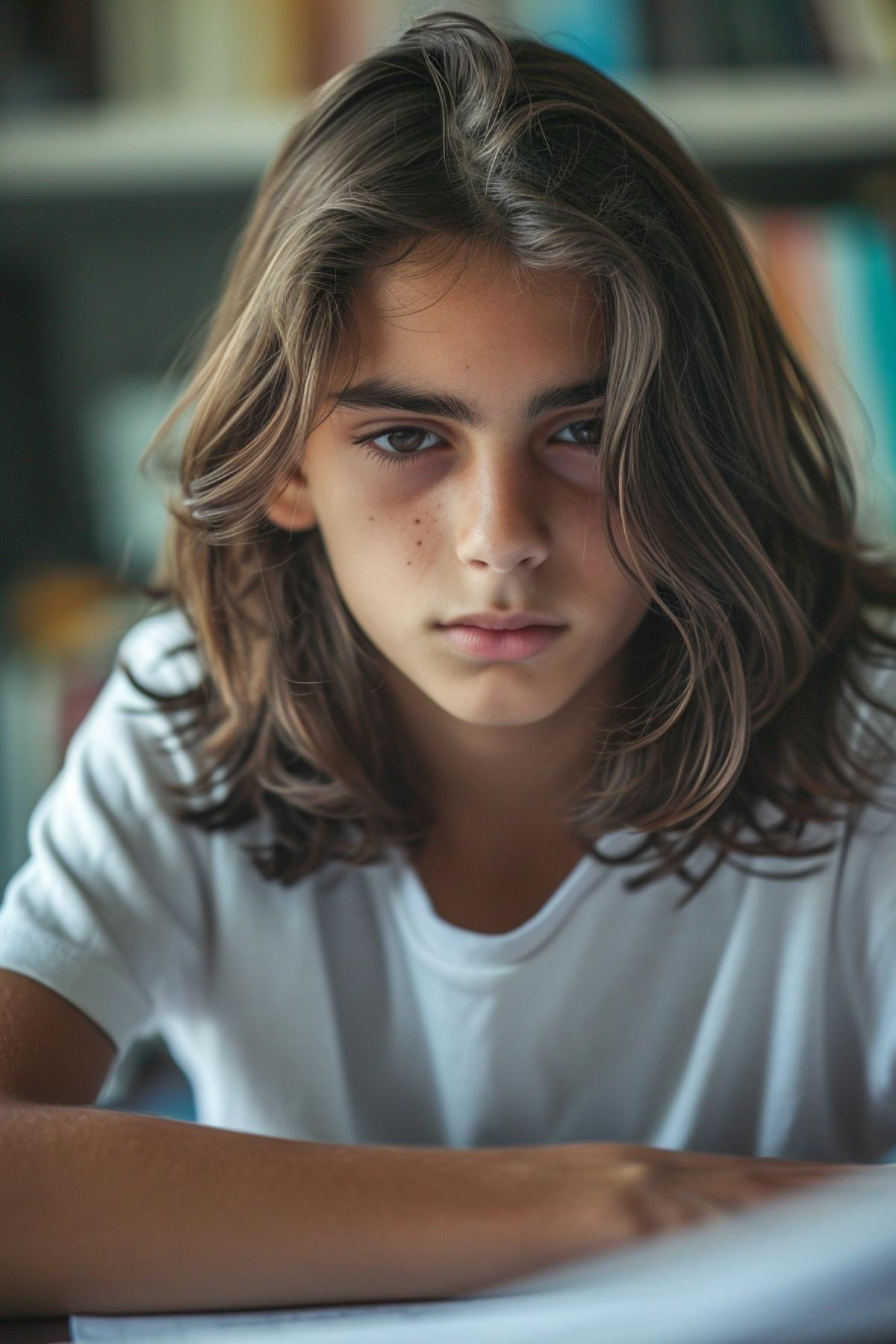 Close-up portrait of teenager making homework long hair cool, businessle soft bristles no idea how to solve this look in his eyes