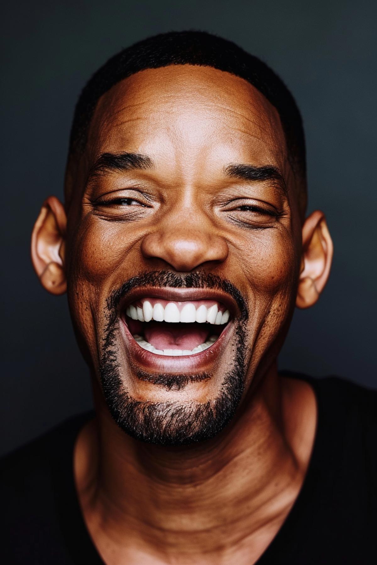 Will Smith as the most cool guy on the block laughing out loud close-up portrait subtle workout every detail of face