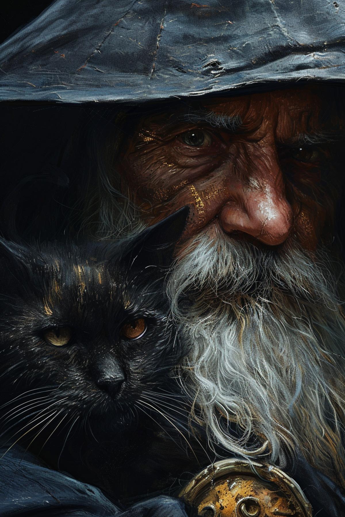 Close-up portrait of a medieval sorcerer with a sinister look and a malicious look holding a dark sinister cat in his arms painting in the style of Leonardo da Vinci