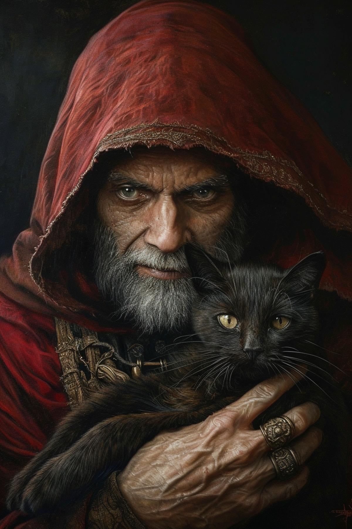 Close-up portrait of a medieval sorcerer with a sinister look and a malicious look holding a dark sinister cat in his arms painting in the style of Leonardo da Vinci