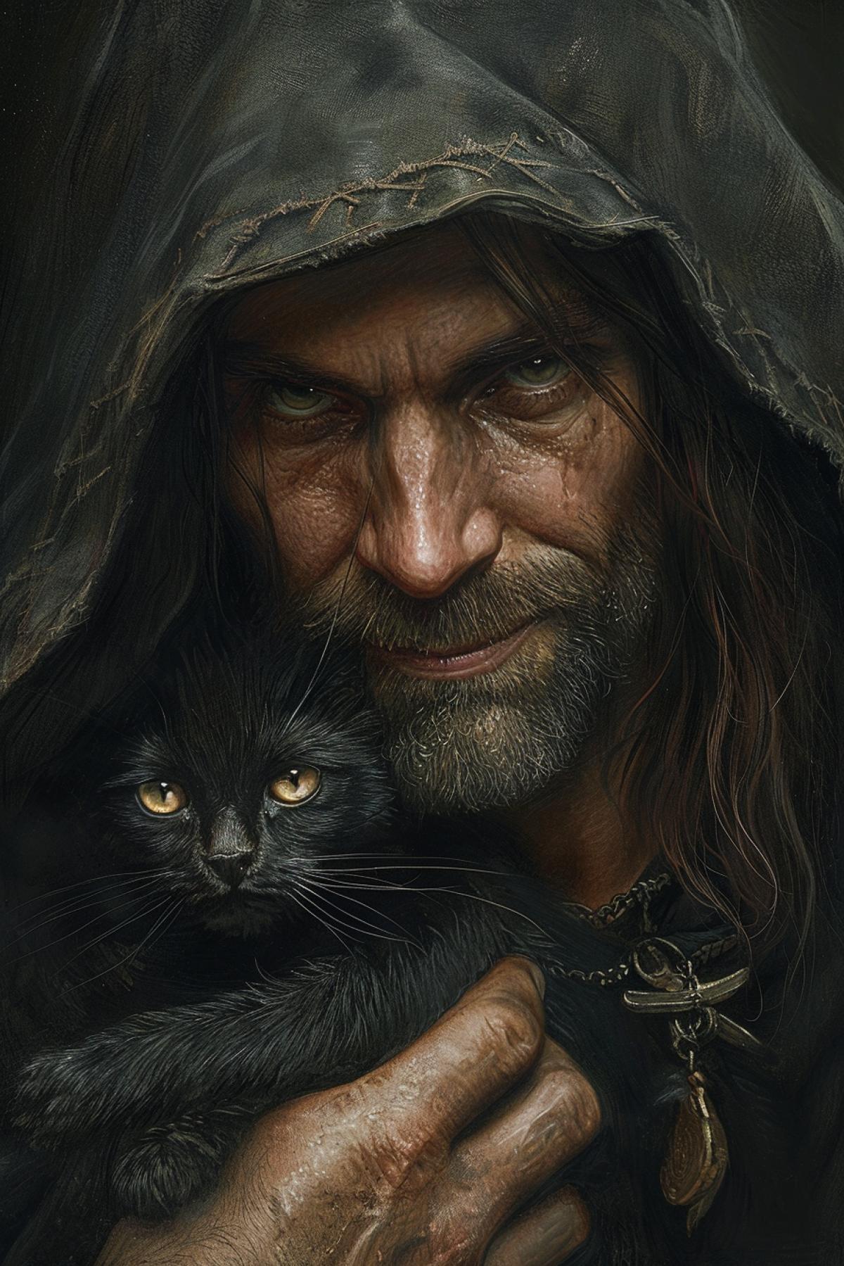 Close-up portrait of a medieval sorcerer with a sinister look and a malicious look holding a dark sinister cat in his arms painting in the style of Leonardo da Vinci