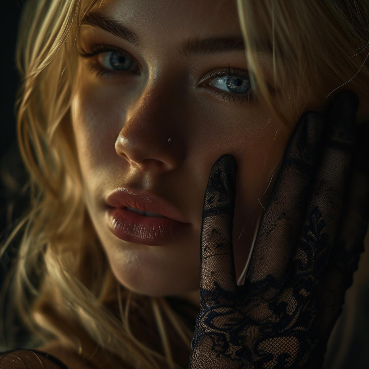 close-up Portrait blonde girl in dark transparent long gloves hyperrealism v 6.0 style raw s 1000