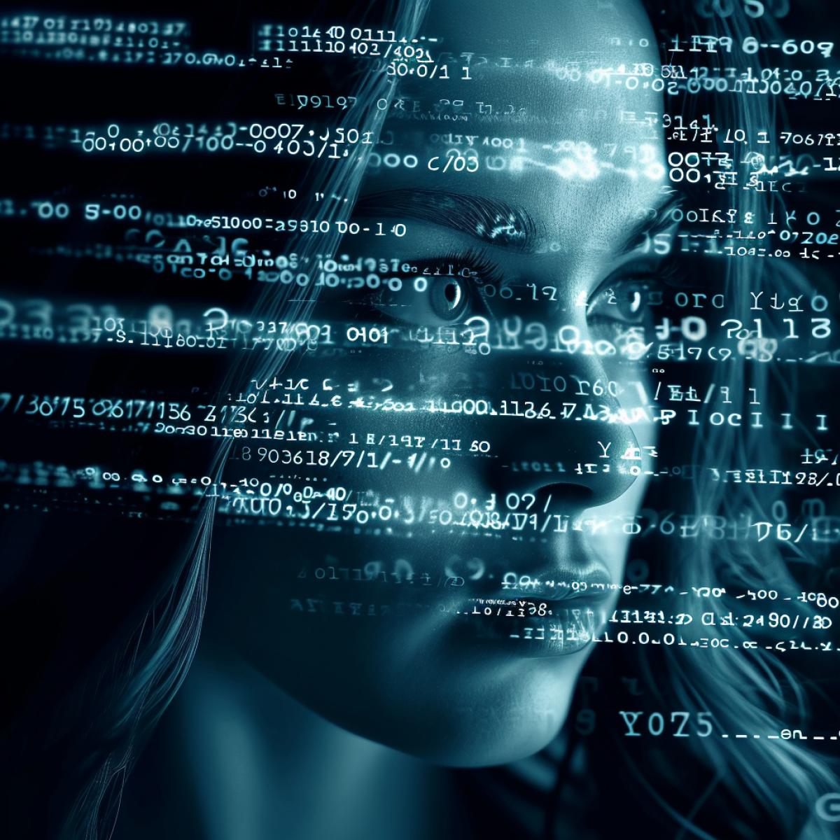 Binary digits flowing in front of woman face