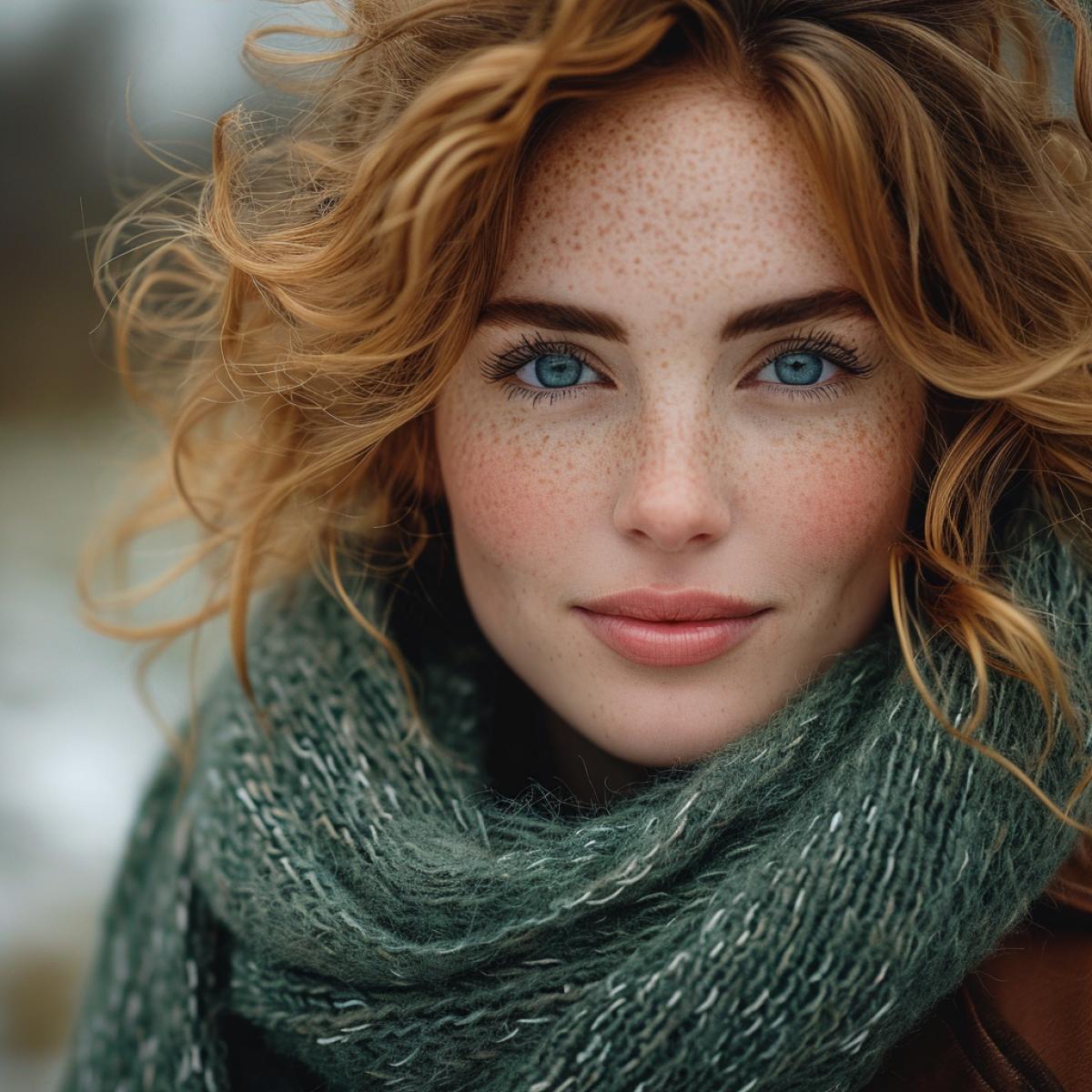 Extreme close-up photo of a young woman with blue eyes and freckles, looking at the camera with a confident and playful smile. Her hair is curly and red, and she wears a green scarf and a leather jacket. The lighting is soft and natural, with a blurred background of a park. In the style of Annie Leibovitz and Emma Stone.