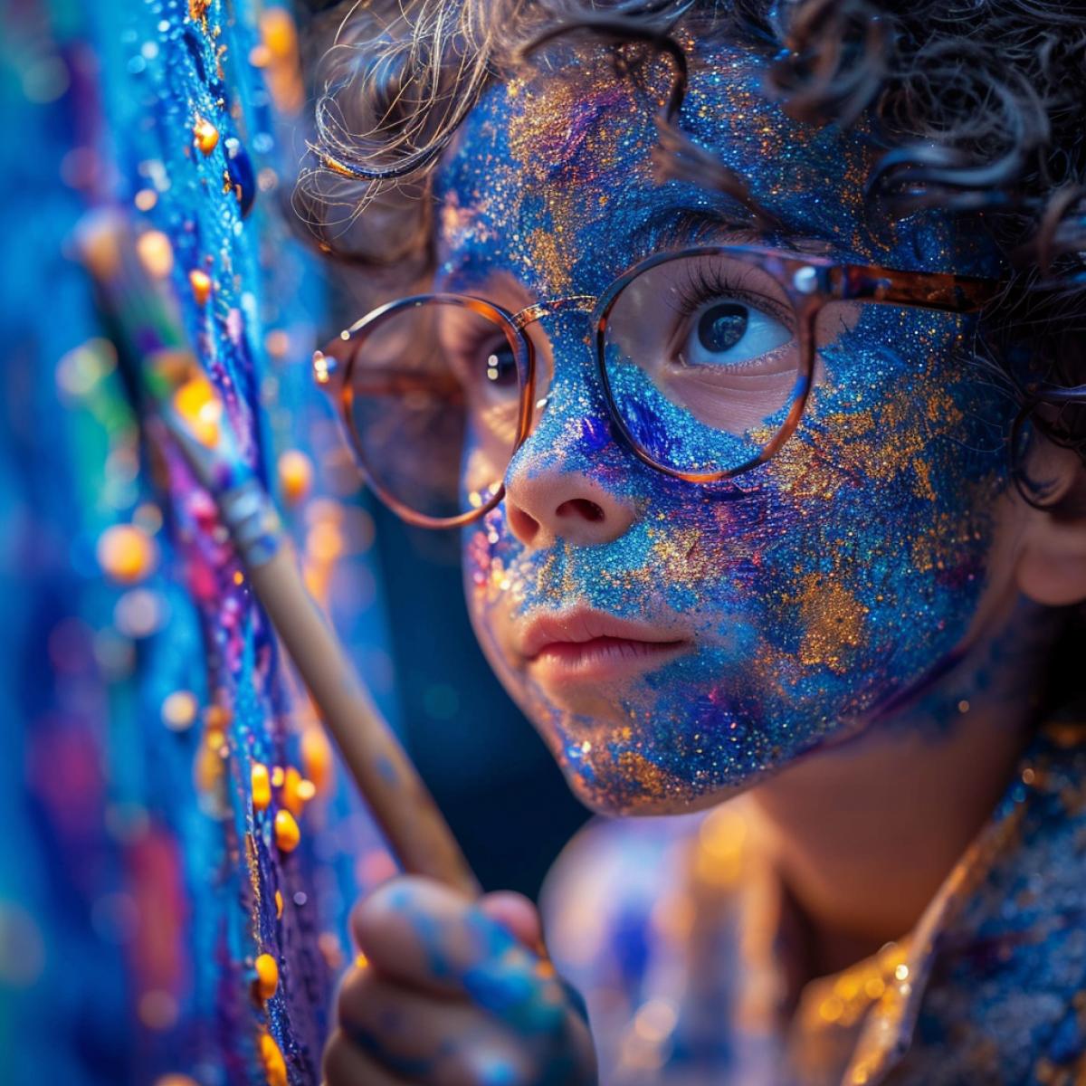 Extreme close-up of a child with dark hair and glasses, looking at the camera with a curious and mischievous grin. His face is covered with paint and glitter, and he holds a brush and a palette. The lighting is bright and colorful, with a canvas in front of him. In the style of Pablo Picasso and Macaulay Culkin.