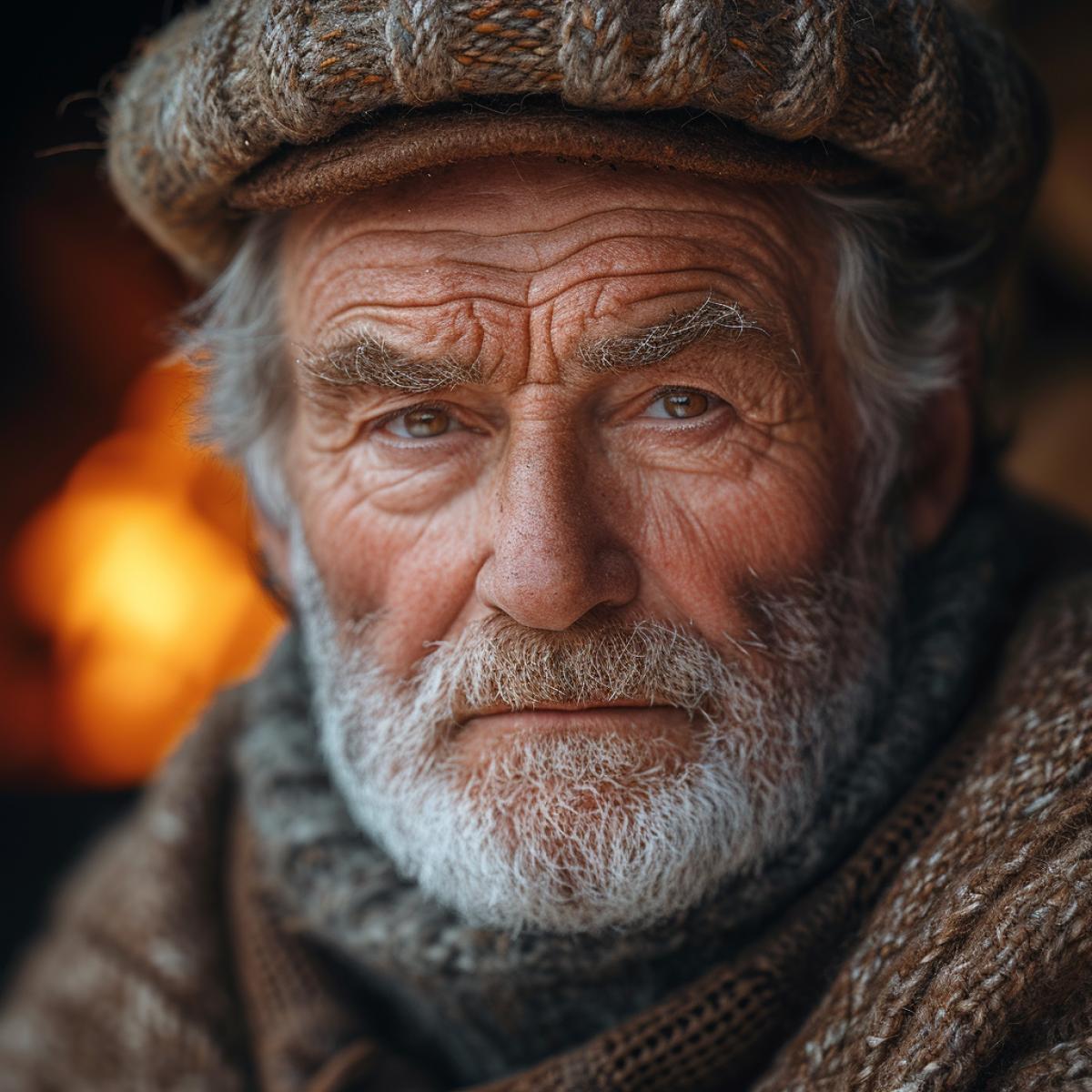 Extreme close-up photo of an old man with gray hair and beard, looking at the camera with a wise and gentle expression. His eyes are brown and wrinkled, and he wears a hat and a sweater. The lighting is warm and cozy, with a fireplace behind him. In the style of Rembrandt and Morgan Freeman.
