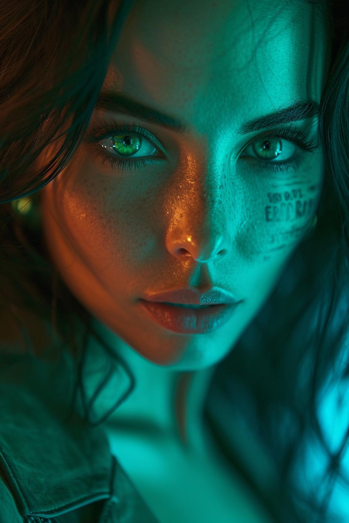Extreme close-up professional photo of a woman who is a replicant, with green eyes and a barcode tattoo on her cheek. She is looking at the camera with a defiant and luxury gaze. Her hair is dark and sleek, and she wears a leather jacket and a neon earring. The lighting is dark and neon, with a contrast between the shadows and the lights. In the style of Blade Runner and Daryl Hannah.