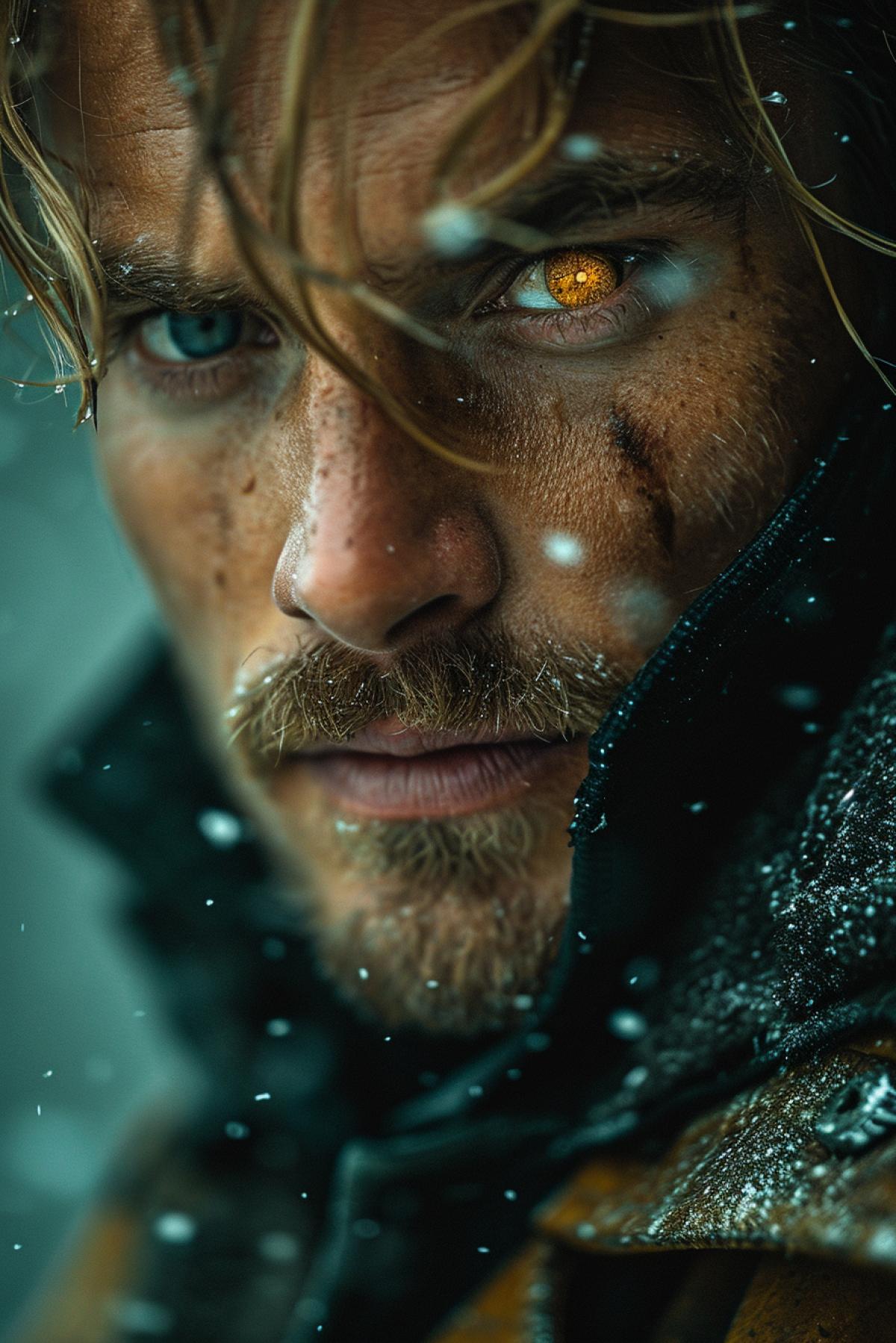 Extreme close-up professional photo of a man who is a bounty hunter, with a scar and a cybernetic eye. He is looking at the camera with a weary and determined expression. His hair is blond and messy, and he wears a trench coat and a gun holster. The lighting is cold and rainy, with a contrast between the rain and the fire. In the style of Blade Runner and Harrison Ford.