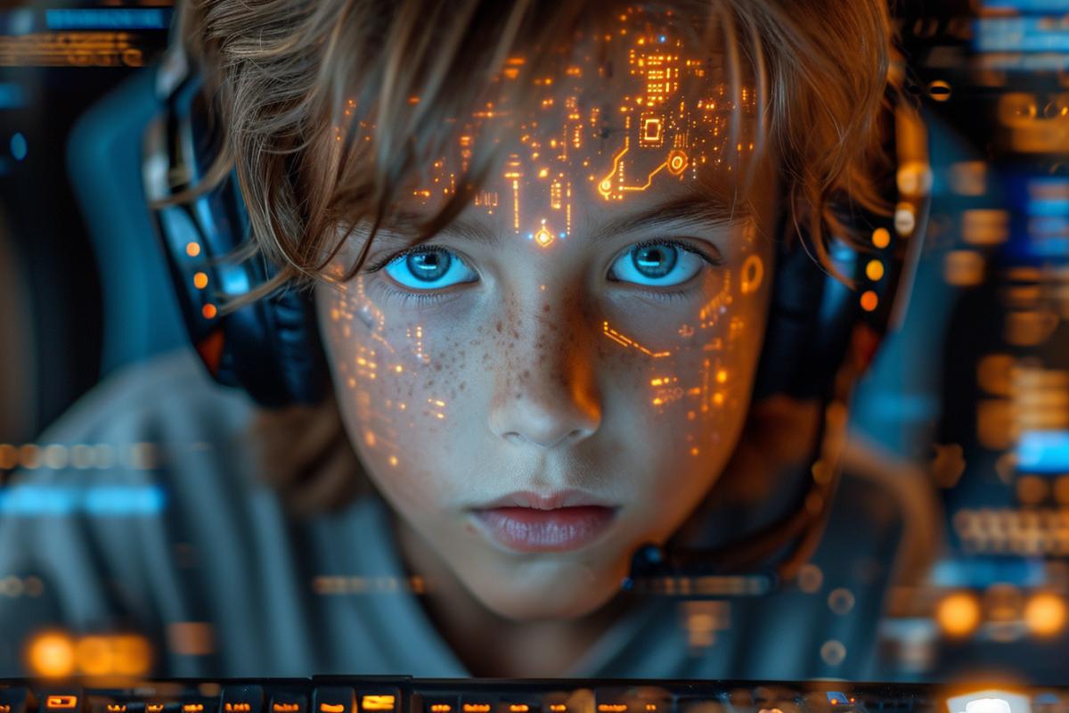 Extreme close-up professional photo of a child who is a hacker, with a headset and a data jack. He is looking at the camera with a curious and mischievous grin. His face is covered with wires and circuits, and he holds a keyboard and a mouse. The lighting is bright and futuristic, with a contrast between the screen and the darkness. In the style of Blade Runner and Ready Player One.