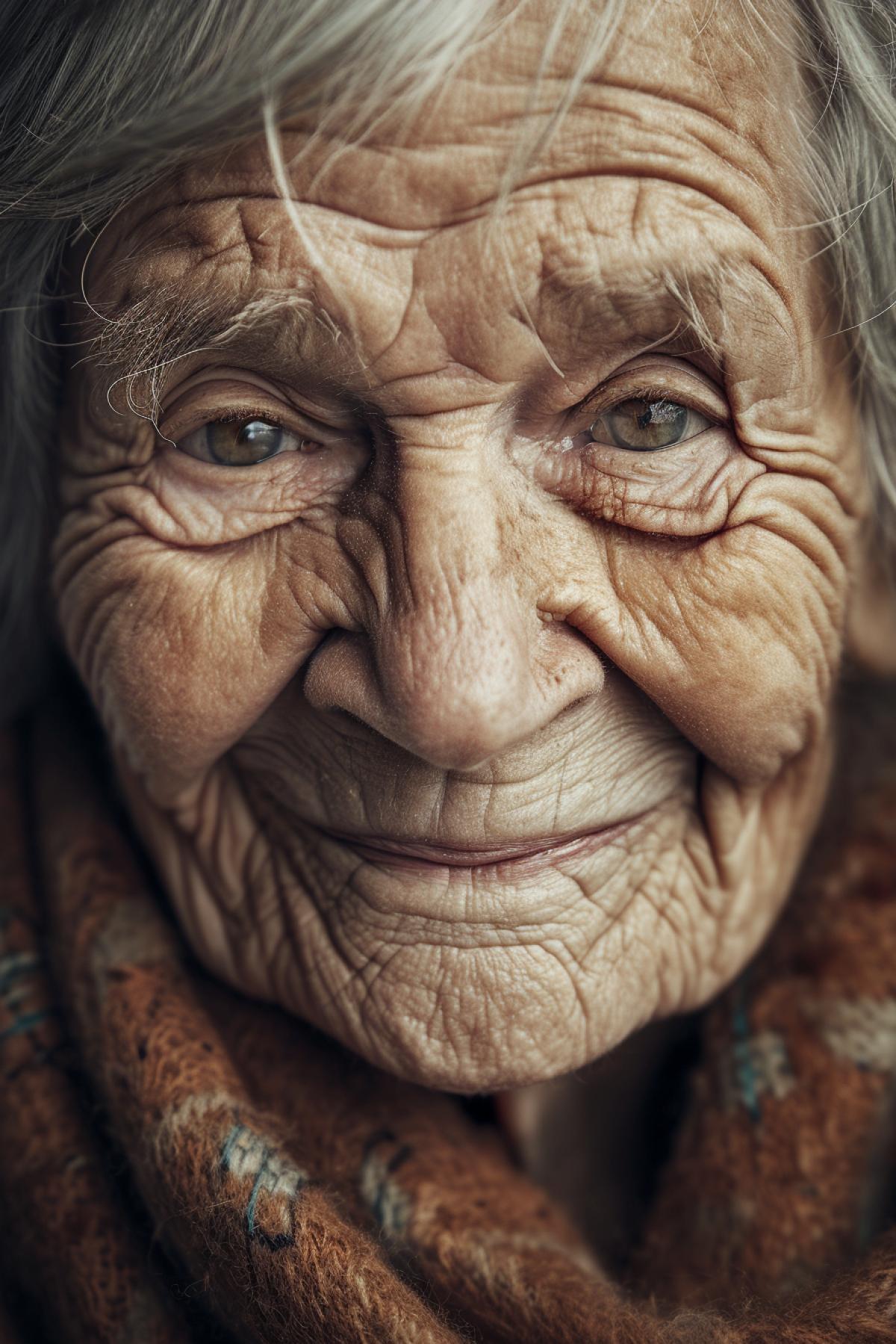 Old 100-year-old smiling woman close-up extremely detailed portrait wrincles pigment spots grey hair heartily smile