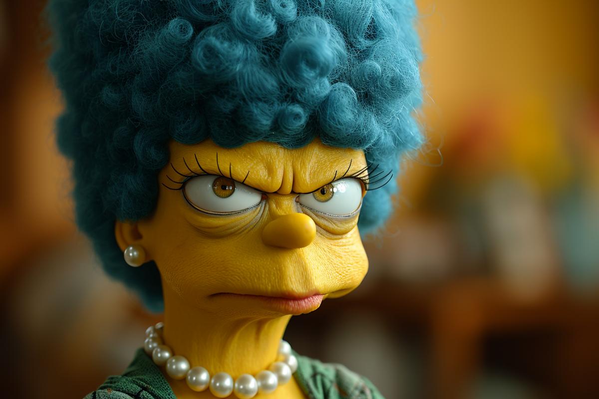 Extreme close-up professional photo of a woman , looking is a Marge Sumpsons, who is a teacher, with blue hair and a pearl necklace. She is looking at the camera with a tired and annoyed expression. Her hair is tall and spiky, and she wears a green dress and a red bracelet. The lighting is bright and cartoonish, with a yellow background of a classroom. In the style of The Simpsons and Edna Krabappel.