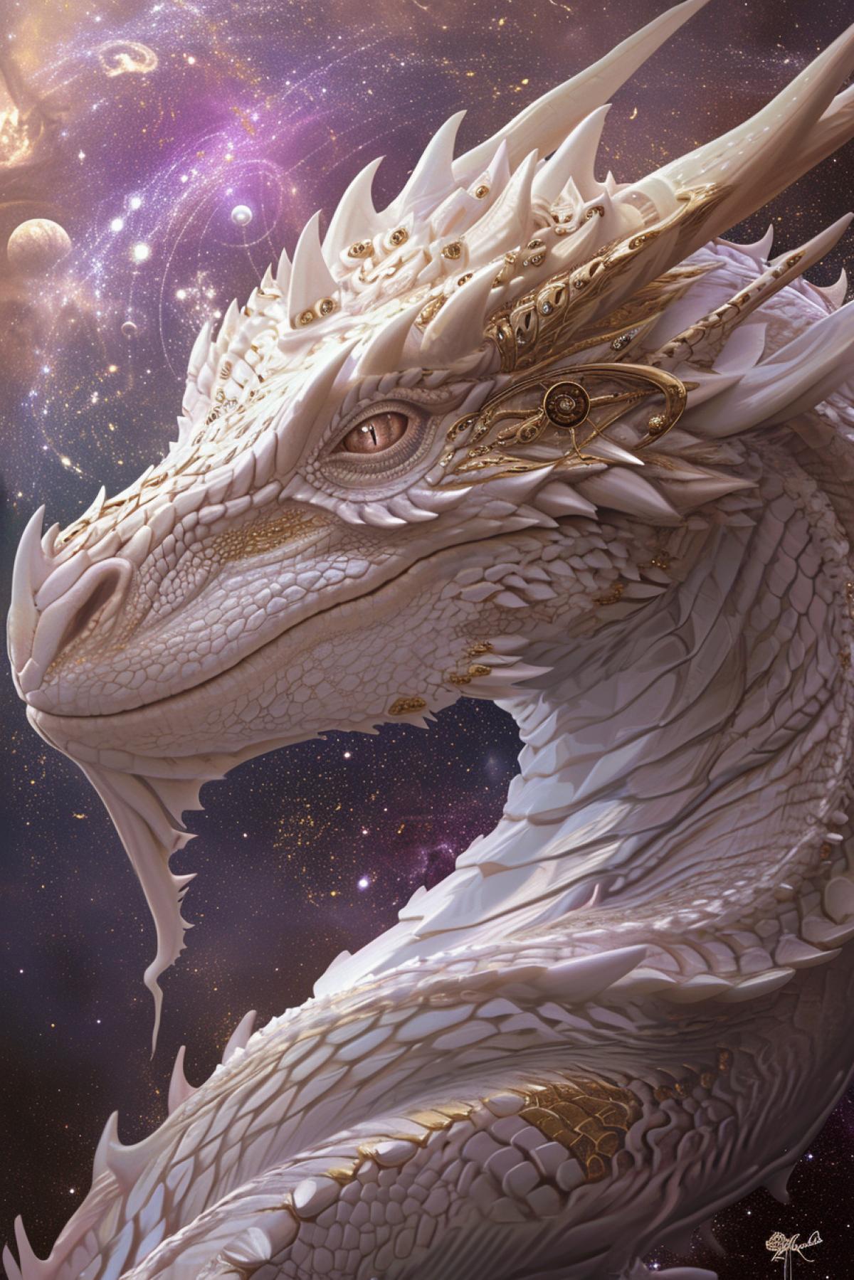 alien creature, incredibly beautiful white mystical dragon, gold, lilac, space, mandala