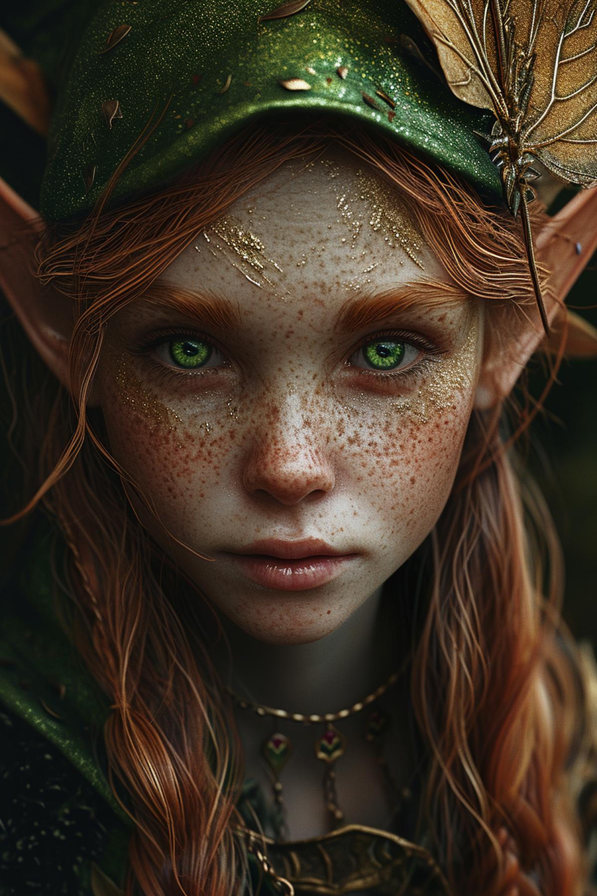 portrait of a fairy gnome, pointed ears, green eyes, high resolution,