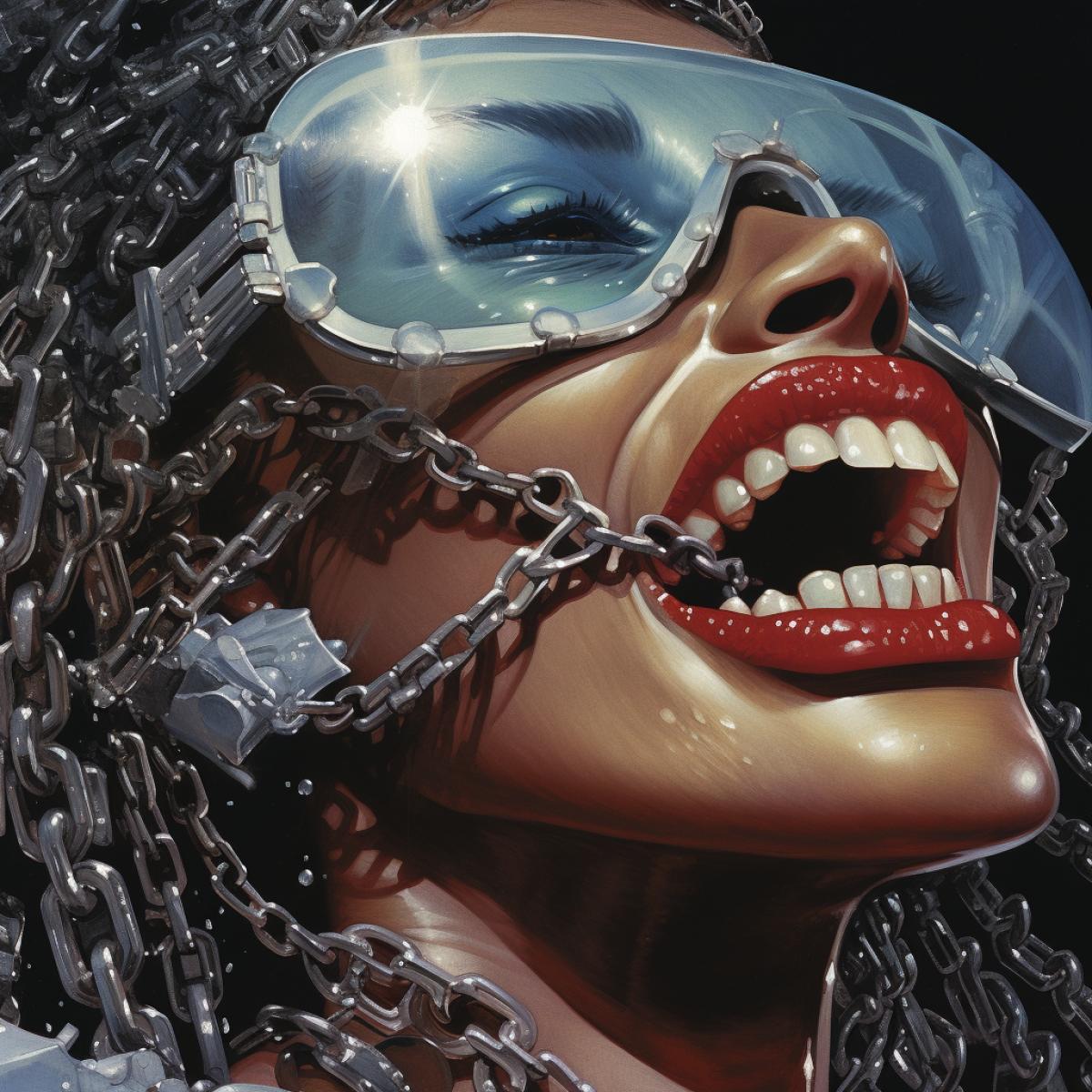 80s sci fi fantasy art, heavy metal magazine cover art, houston rap female with diamond covered teeth in her mouth, close up ar 1:1